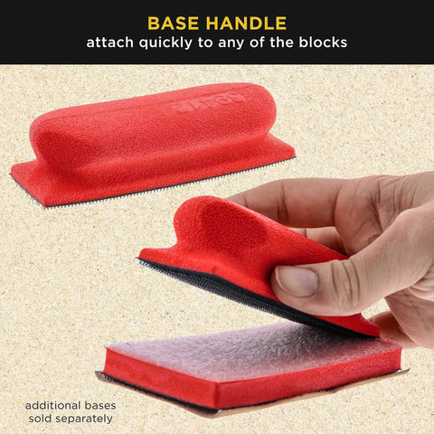 Pro Grade Contoured Hand Sanding Block Set With 40 Hook And Loop Sandpaper Sheets, shown with interchangeable base handle