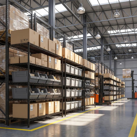 Beefed Up Heavy Duty Storage Shelves With Adjustable Height, 3200 Lb Capacity, 55.5 Inch Wide By 18 Inch Deep By 71 Inch High Industrial Shelving For Garage, Warehouse, Kitchen And Office, Maximizes Vertical Space And Cuts Storage Costs in warehouse with boxes
