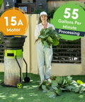 Woman using Bladeless Leaf Shredder And Mulcher With 15 Amp 9000 RPM Motor Delivers 18 To 1 Reduction For Easy Yard Cleanup