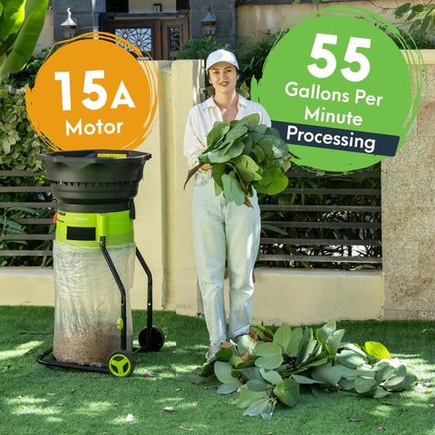 Woman using Bladeless Leaf Shredder And Mulcher With 15 Amp 9000 RPM Motor Delivers 18 To 1 Reduction For Easy Yard Cleanup
