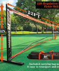 Portable 22ft Regulation Pickleball Net Set With 4 Outdoor Balls And Carry Bag, Weather Resistant Steel Frame, Quick Setup and Easy Tension Adjustment for Driveway or Court Play displayed on a court with carry bag.