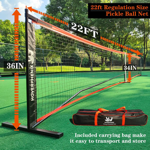 Portable 22ft Regulation Pickleball Net Set With 4 Outdoor Balls And Carry Bag, Weather Resistant Steel Frame, Quick Setup and Easy Tension Adjustment for Driveway or Court Play displayed on a court with carry bag.