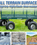 Green garden cart with 4.10/3.50-4 Inch Tire And Wheel Set Beefed-Up 10 Inch Pneumatic Wheel, all-terrain capability on various surfaces.