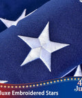 Close-up of Outdoor 3x5 Foot American Flag Built Tough Deluxe Heavy Duty Spun Polyester with embroidered stars visible
