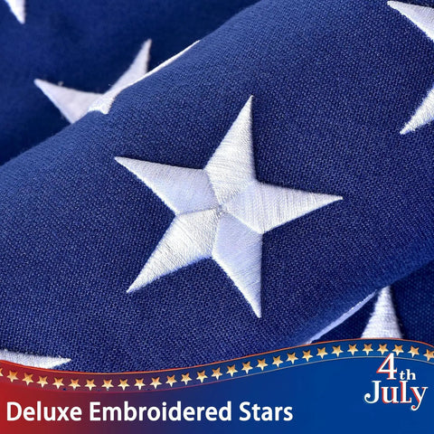 Close-up of Outdoor 3x5 Foot American Flag Built Tough Deluxe Heavy Duty Spun Polyester with embroidered stars visible