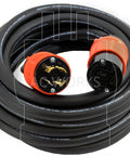 Heavy Duty Generator Extension Cord Featuring Nema L14 30 Locking Connectors And Four Prong Cable For Rock Solid Backup Power That Handles Every Hefty Task At One Hundred Feet Long, coiled with connectors.