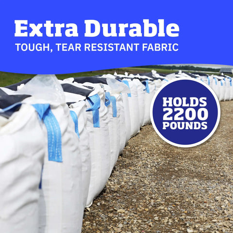Heavy Duty 200 Gallon Builder Bulk Bags for Demolition and Construction lined up on a gravel path, holding up to 2200 lbs
