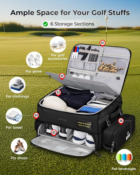 Premium Golf Trunk Organizer For Cars With Insulated Pouch And Dust Proof Layer Multi Compartment Design in black on grass