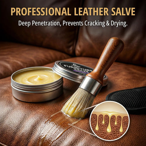 Absolute Game Changer Three In One Furniture Salve For Leather And Wood Polish Conditioner Restorer applied on leather couch.