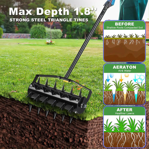 Manual Lawn Aerator Tool With Spiked Roller For Soil Aeration In Gardens And Yards, Durable Metal Construction, shown in use