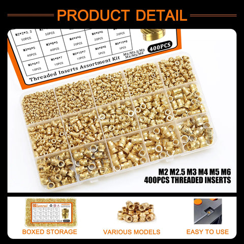 Heat Set Inserts Kit 400 Pcs Brass M2 To M6 Threaded Inserts For Plastic And 3D Printer Parts DIY Ready Knurled Nuts 15 Sizes