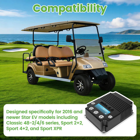 Professional Grade Heavy Duty 48V 400A Golf Cart Solid State Speed Controller with golf cart and compatibility details.