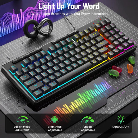 94 Key Wired RGB Gaming Keyboard Delivering Crisp Mechanical Feel And Snappy Anti Ghosting Action Alongside Four Custom Macro Keys And Large Numpad For A Truly Squad Approved Desk Setup with adjustable lighting features.