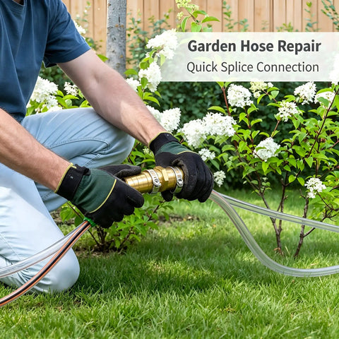 Top Tier 5/8 Hose Barb Fitting Kit With Solid Brass Splice Connectors Plus Stainless Clamps For Fixing Garden Fuel Cooler Or Drip Irrigation Lines Leak Proof And Rust Resistant Soaker Hose Repair Tool You Need, brass splice in use