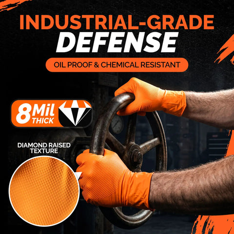 Hands wearing Heavy Duty 8 Mil Nitrile Gloves Chemical Resistant Tear Proof Work Gloves For Mechanics And Gardening gripping a steering wheel.