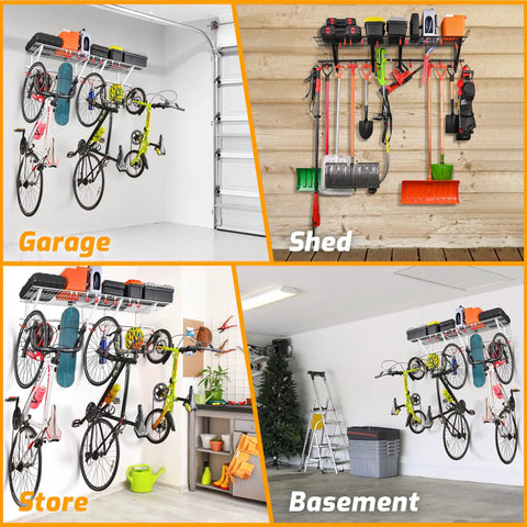 Heavy Duty Garage Wall Shelf And Bike Rack With Adjustable Hooks Wall Mounted Storage Organizer for tools, bikes, gear