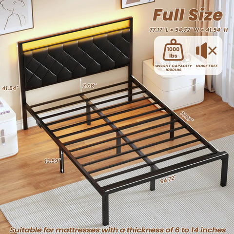 Modern Full Size Bed Frame With App Controlled LED Lights And Built In Dual USB Ports, Padded PU Leather Headboard, Heavy Duty Steel Slats, Zero Hassle Setup For Ultimate Nightly Vibes, showing dimensions and structure.