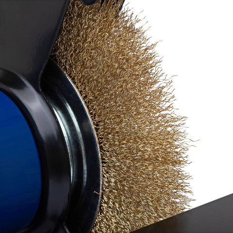 Close-up of brass wire wheel for Eight Inch Heavy Duty Bench Grinder Workhorse Gutsy One Horsepower Motor Spinning At Three Thousand Four Hundred Fifty Rpm.