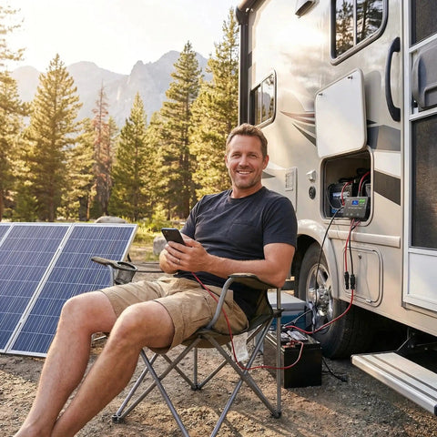 Man using 12V 20A PWM Solar Charge Controller with Type C USB Output, connected to RV setup in outdoor off-grid environment.