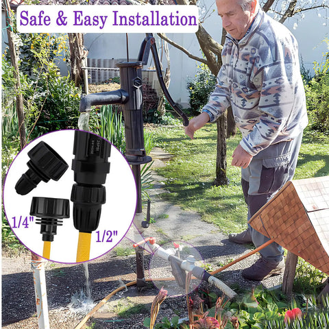 All In One Drip Irrigation Faucet Adapter Kit With 25 PSI Regulator And Filter Backflow Preventer installed in garden