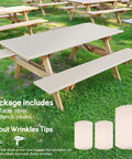Three Piece Fitted Tablecloth And Bench Cover Set For 6 Foot Tables 30 By 72 Inch Vinyl With Elastic Edges, beige set on a picnic table.