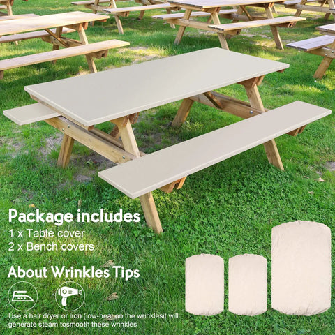 Three Piece Fitted Tablecloth And Bench Cover Set For 6 Foot Tables 30 By 72 Inch Vinyl With Elastic Edges, beige set on a picnic table.