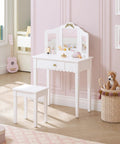 Kids Vanity Table Set With Gold Bow for Little Girls, sturdy white wood makeup desk, 3 mirrors, safe non-toxic finish, playroom view