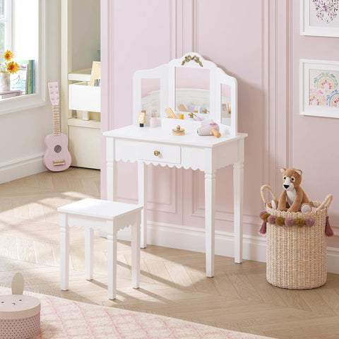 Kids Vanity Table Set With Gold Bow for Little Girls, sturdy white wood makeup desk, 3 mirrors, safe non-toxic finish, playroom view