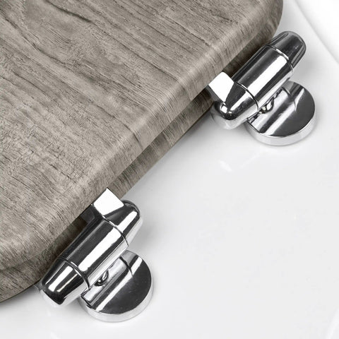 Distressed Grey Wood Round Toilet Seat With Chrome Hinges Durable Wood Veneer Construction Easy Install Securely Attaches