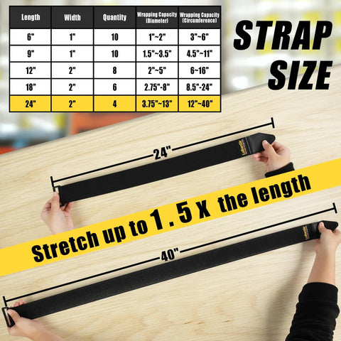 Two Inch By Twenty Four Inch Elastic Cinch Straps Four Pack With Hook And Loop Fasteners Extendable To Forty Three Inches for bundling