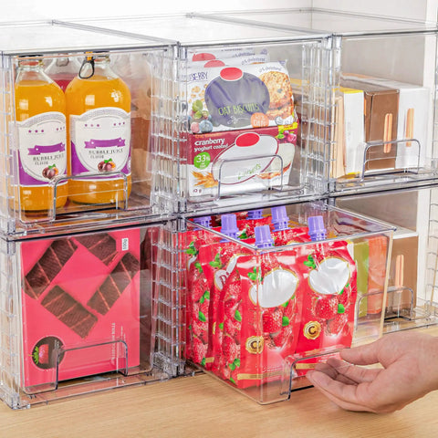 Four Pack Large Clear Stackable Storage Drawers With Smooth Pull Out Slides And Grippy Silicone Pads For Super Neat Closets That Keep Your Belongings Squared Away Daily with juice bottles and snacks.
