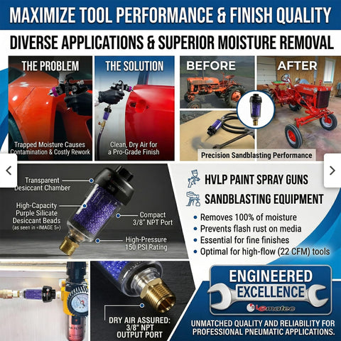 Desiccant Air Dryer System With Filter displaying features and applications for pneumatic tools and HVLP paint guns.