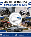 Two Pack Brake Bleeder Hose Kit For Cars And Motorcycles with images of compatible vehicles and brake bleeder hose close-up.