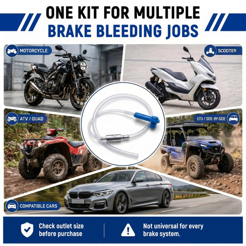 Two Pack Brake Bleeder Hose Kit For Cars And Motorcycles with images of compatible vehicles and brake bleeder hose close-up.