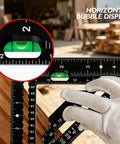 Pro Shop Grade Four Point Five Inch Aluminum Rafter Square With Built In Level and Tough Woodworking Triangle Ruler showing horizontal bubble display.