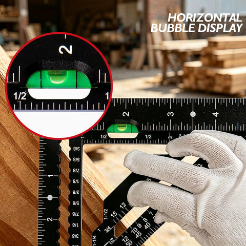 Pro Shop Grade Four Point Five Inch Aluminum Rafter Square With Built In Level and Tough Woodworking Triangle Ruler showing horizontal bubble display.