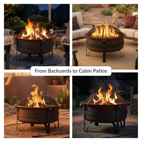 Cauldron Wood Burning Outdoor Fire Pit For Patio And Backyard Hangouts Round Steel Fire Bowl With flames and accessories