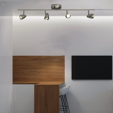 Talida 4 Light LED Ceiling Track Lighting Fixture In Brushed Nickel For Living Room, Dining Room, And Kitchen Go-To Modern Ceiling Light Using Energy Efficient LED Bulbs in a modern kitchen setting