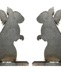 Beefy One Quarter Inch Mild Steel Shooting Targets Two Piece Squirrel Silhouette Knockovers For 22 LR And Small Bore Pistols And Rifles Unpainted Outdoor Target Set showing two unpainted steel squirrel silhouettes on stand