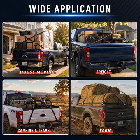 Rock Solid Ford Boxlink Tie Down Anchors 4 Pack Heavy Duty Truck Bed Mounting Cleats securing cargo for house-moving and farm usage.