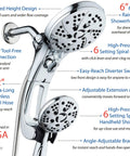 High Pressure 3 Way Rain And Handheld Shower Head Kit with Easy Reach Diverter, 72 Inch Stainless Steel Hose, Chrome Finish.
