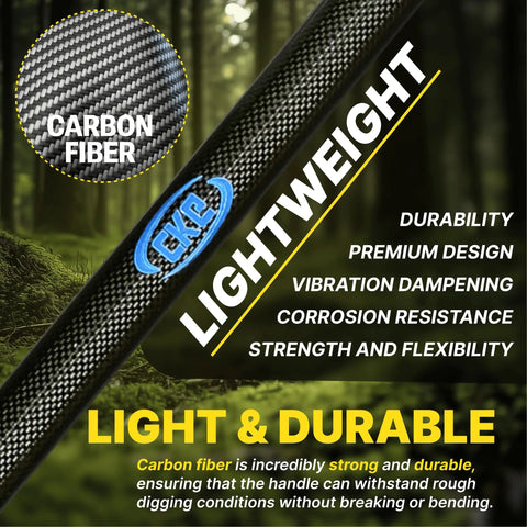 Close-up of Carbon Steel Metal Detecting Shovel Set handle, featuring lightweight carbon fiber design with durability highlights.