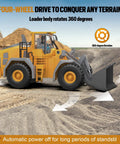 Metal RC Wheel Loader Toy With Realistic Lights And Sounds, 1 to 20 Scale, showing 360-degree rotation and four-wheel drive on terrain