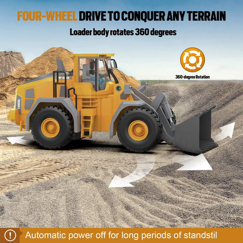 Metal RC Wheel Loader Toy With Realistic Lights And Sounds, 1 to 20 Scale, showing 360-degree rotation and four-wheel drive on terrain