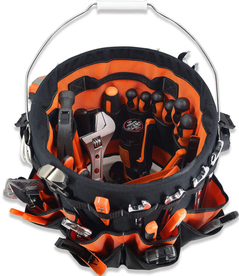 5 Gallon Bucket Tool Organizer With 47 Pockets Heavy Duty 1680D Ballistic Fabric Bucket Bag Holder filled with tools