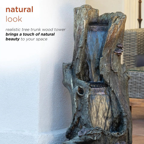 Outdoor Rainforest Waterfall Tree Trunk Floor Fountain With Led Lights, Tiered Garden Decor, 41 Inch Tall Brown, Plug In Water Feature for patio