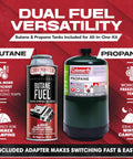 Image of a Dual Fuel Camp Stove With 4x 8oz Butane Canisters, showcasing butane and propane versatility.