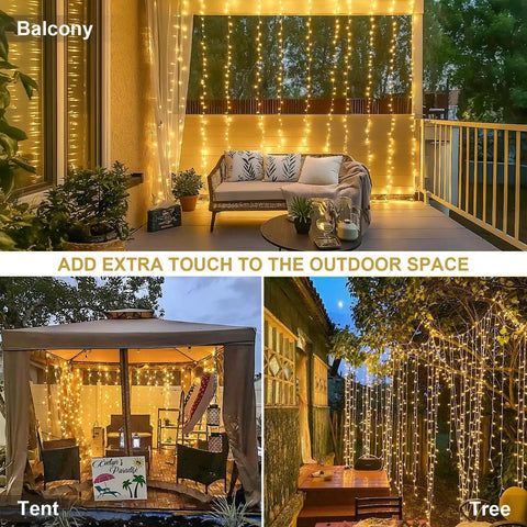 300 LED Curtain Lights With Remote Control for Indoor Outdoor Use Warm White Fairy String Lights on balcony, tent, tree