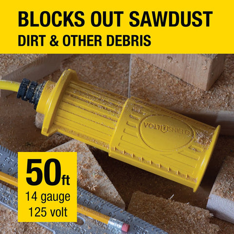 Built Like A Tank 50 Ft 14 3 Sjwt Heavy Duty Extension Cord With All In One Weather And Kink Resistant Shielding Flame Retardant Yellow Jacket Secure Three Prong Grounded Plug And Twist Lock Housing For Hardcore Outdoor Projects close-up on yellow cord with protective casing and sawdust background.