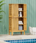 Outdoor Acacia Wood Storage Cabinet With Two Doors And Four Shelves For Backyard Garden Balcony Coastal Farmhouse Style Tool Organizer Weather Resistant Teak Look 61 Inch Tall Shed For Extra Outdoor Storage next to pool.